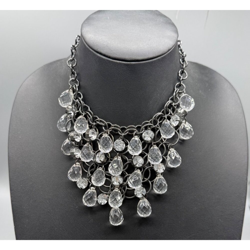 Clear Faceted Crystal Waterfall Necklace  Gun Metal  14.5 inches -16 inches